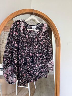 Cleobella black & Pink Floral Boho Peasant Top